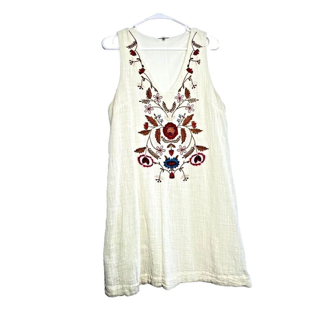 Embroidered floral cream Jodifl vneck  bohemian womens dress sleeveless  size L.